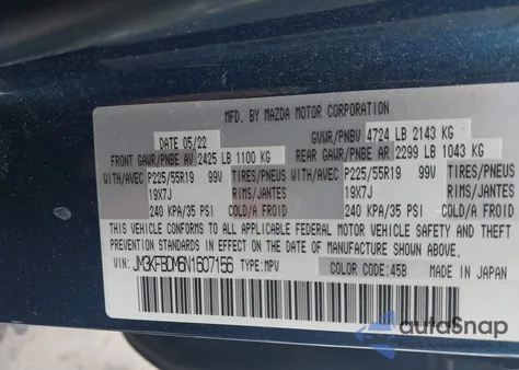 2022 Mazda Cx-5 Premium z USA, uszkodzony, nr VIN JM3KFBDM6N1607156